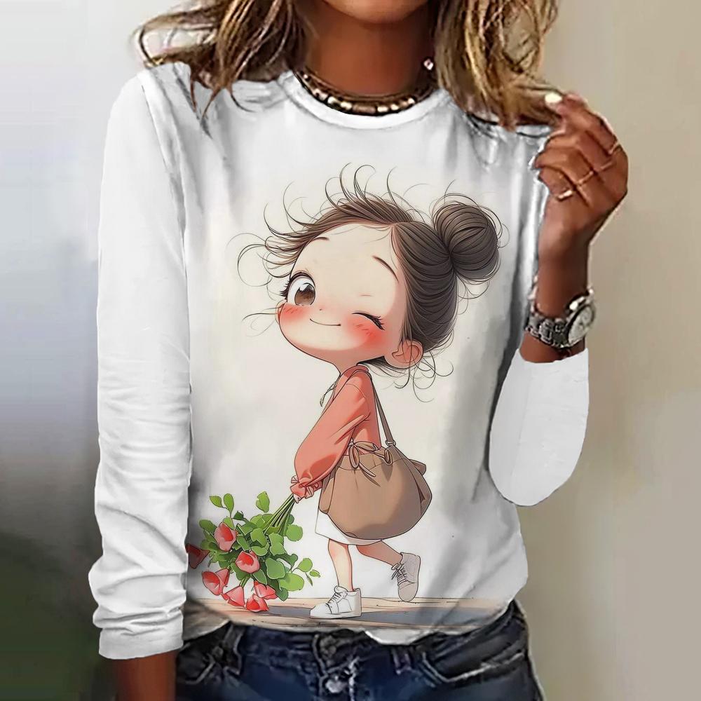Women's T-Shirt Top Long Sleeved Pullover Fashion Little Girl Print Street Round-Neck Tee Shirt Female Everyday Loose Clothing