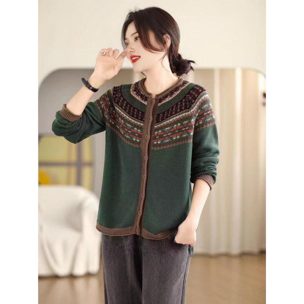 Women's Retro Ethnic Style Loose Knit Cardigan with Long Sleeves