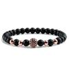 Black Frosted Copper Bead Bracelet with Micro-Inlaid Black Diamond and White Porcelain, Elastic Rope Jewelry for Men and Women.