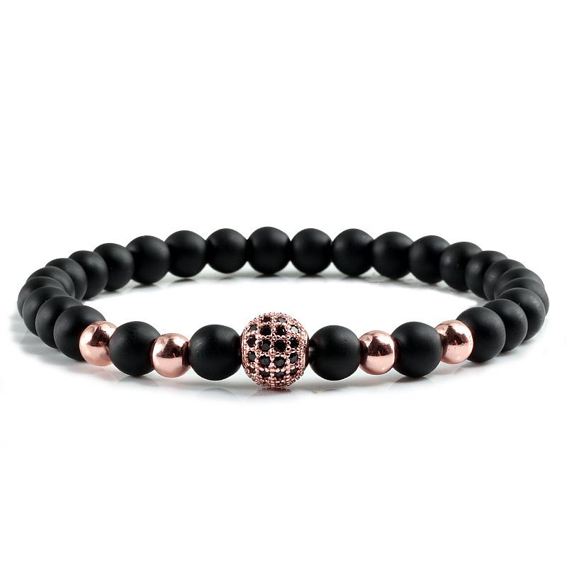 Black Frosted Copper Bead Bracelet with Micro-Inlaid Black Diamond and White Porcelain, Elastic Rope Jewelry for Men and Women.