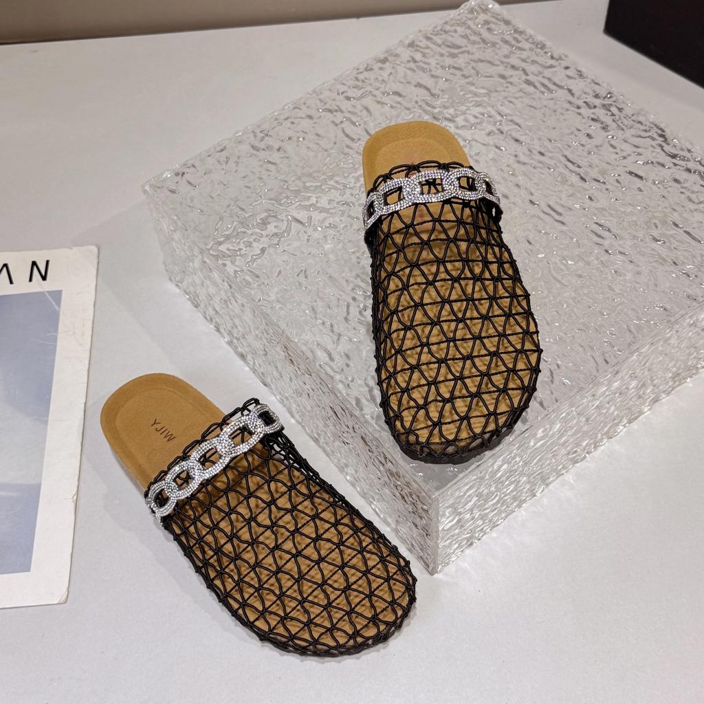 Summer New Fisherman Flat Bottom Round Head Baotou Half Slippers European and American Niche Fishing Net Woven Hollow Roman Cool Slippers