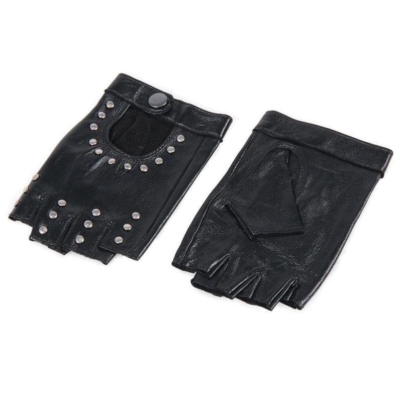 Guantes de Verano Punk de Piel de Oveja sin Dedos con Remaches para Mujer