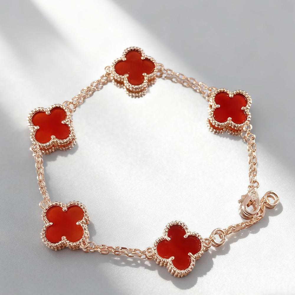 Four-leaf Clover Classic Bracelet with Five-petal Black Onyx Fashion Bangle for Women