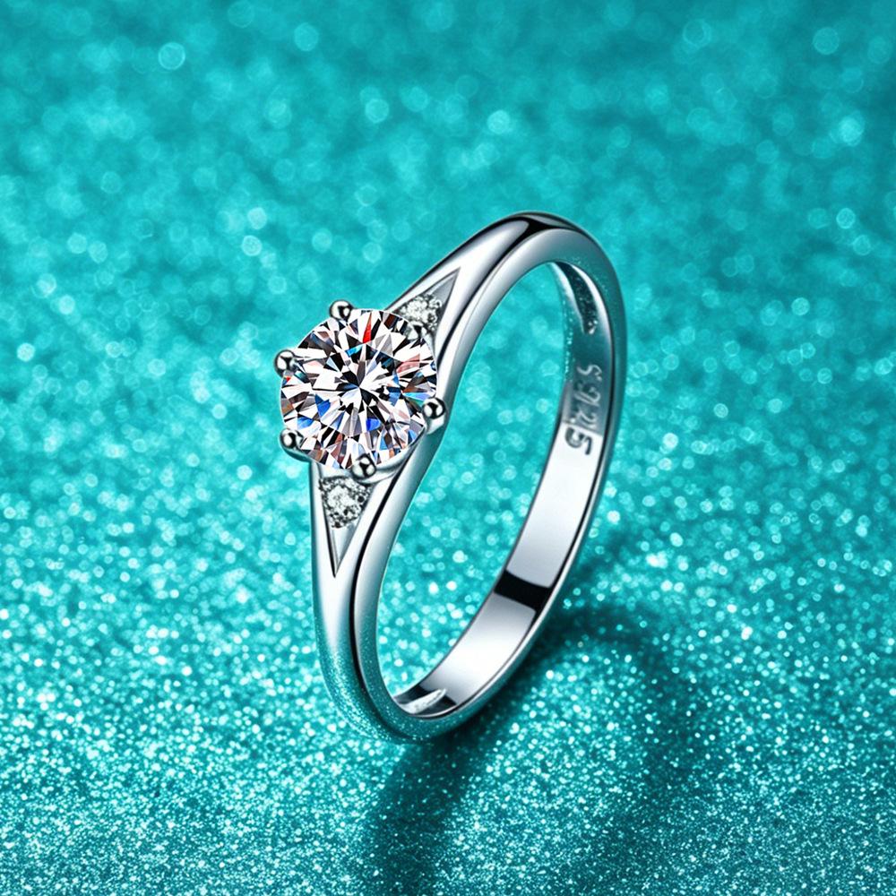 S925 Silver 1 Carat D Color Moissanite Six-Prong Engagement Ring for Women