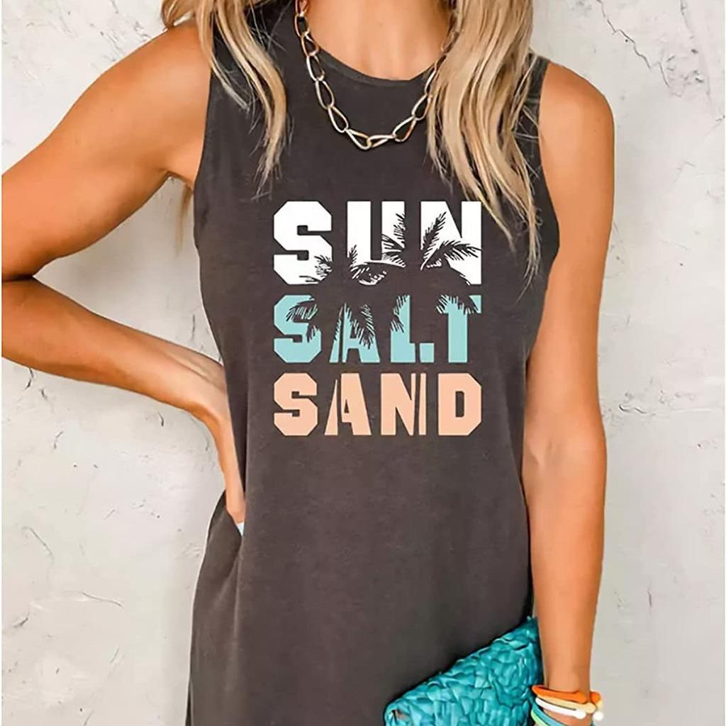 Women's Sleeveless Swimwear Coverups T-Shirt Beach Dress Tank Bikini Cover Up with Print
