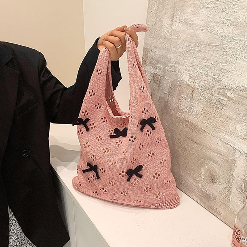 Aesthetic Knitted Bag Women Hollow Out Crochet Bow Handbag Large Capacity Handmade Tote Bag Summer Beach Woven Shoulder Bag