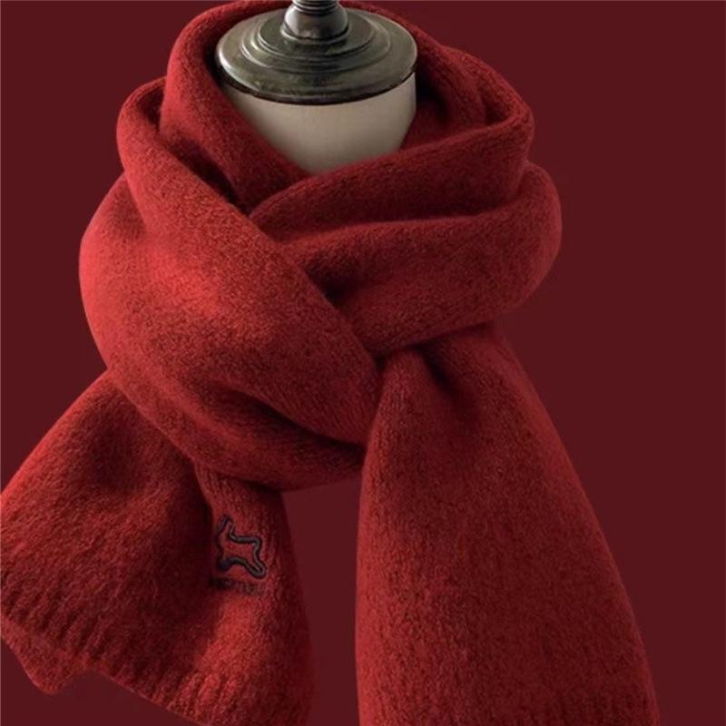 Autumn and Winter Retro Wool Student Scarf for Women Korean Embroidered Rabbit Warm and Versatile Knitted Scarf Solid Color Shawl