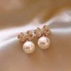 Inlaid Rhinestone Alloy Ribbon Bow Pearl Earrings Women Sweet Ear Studs Daily Fashion Jewelry Romantic Gifts