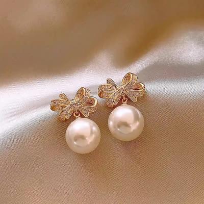 Inlaid Rhinestone Alloy Ribbon Bow Pearl Earrings Women Sweet Ear Studs Daily Fashion Jewelry Romantic Gifts