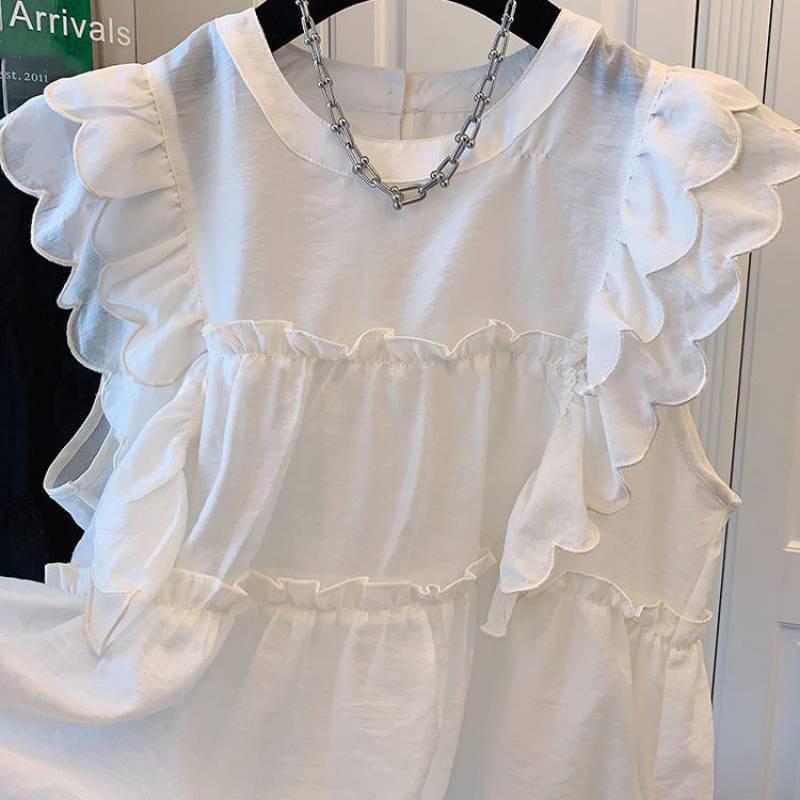 Women French Ruffle Flutter Sleeve Round Neck Shirt Sweet Doll Loose Blouse Summer New