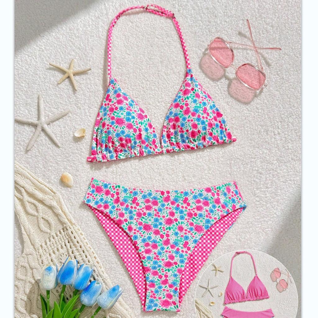 Zweiteiliger Badeanzug für Mädchen, Bikini-Set mit hoher Taille, Blumenmuster und Karomuster, Verstellbarer Neckholder für das Schwimmen im Freien