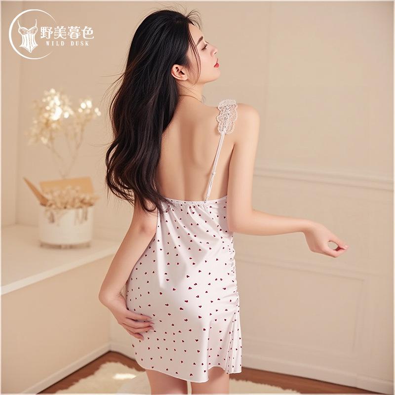 Sexy lace suspender nightdress French love polka dot bow pure lust girl sex pajamas