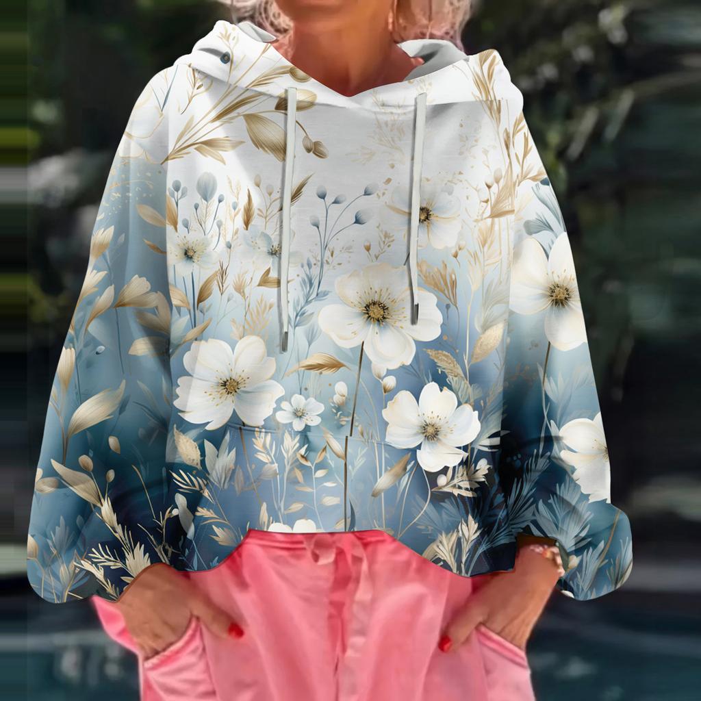 Women's Floral Print Loose Casual Long Sleeved Hooded Sweatshirt