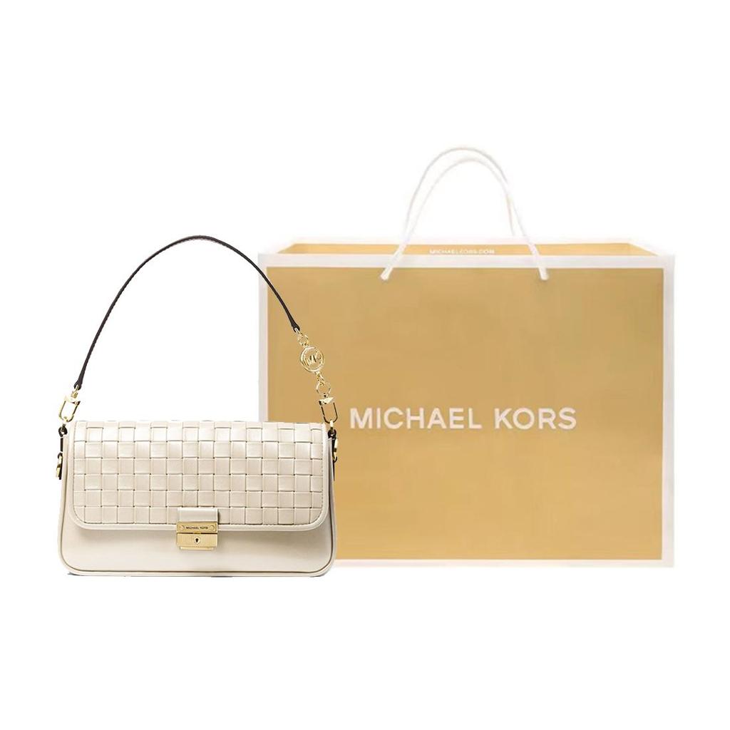 Michael Kors Bradshaw Woven Letter Leather And Faux Leather Baguette Shoulder Bag Women Bags Cream-White 30S1L2BL1T-289