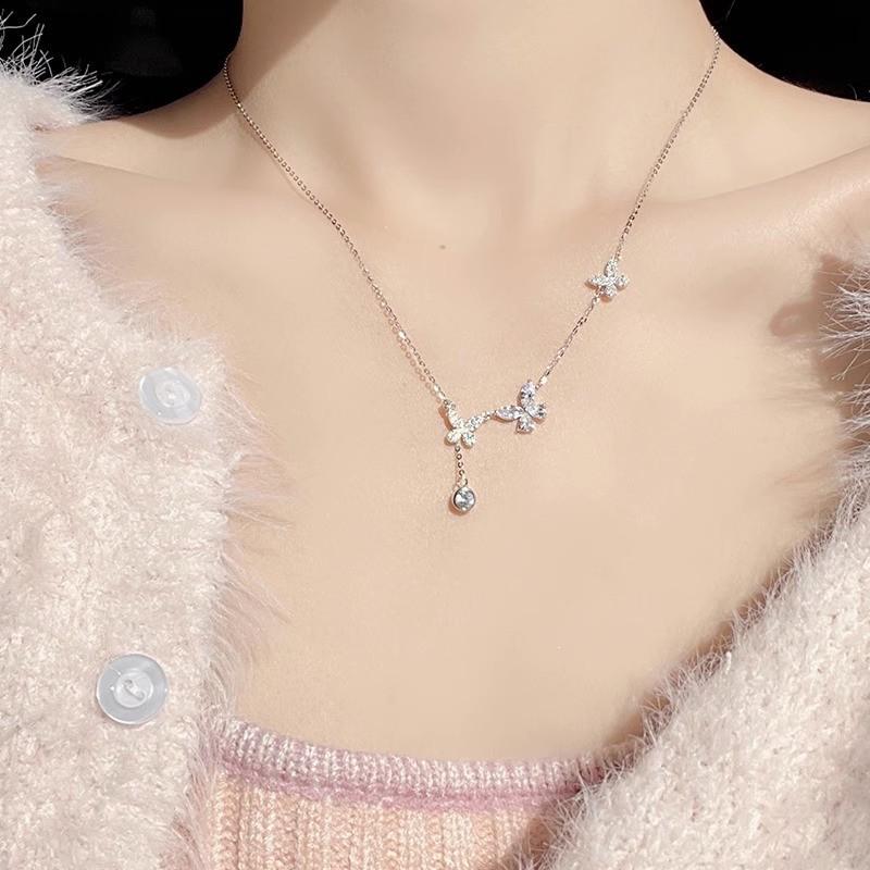 Sterling Silver Butterfly & Zirconia Tassel Necklace - Light Luxury Clavicle Chain for Women