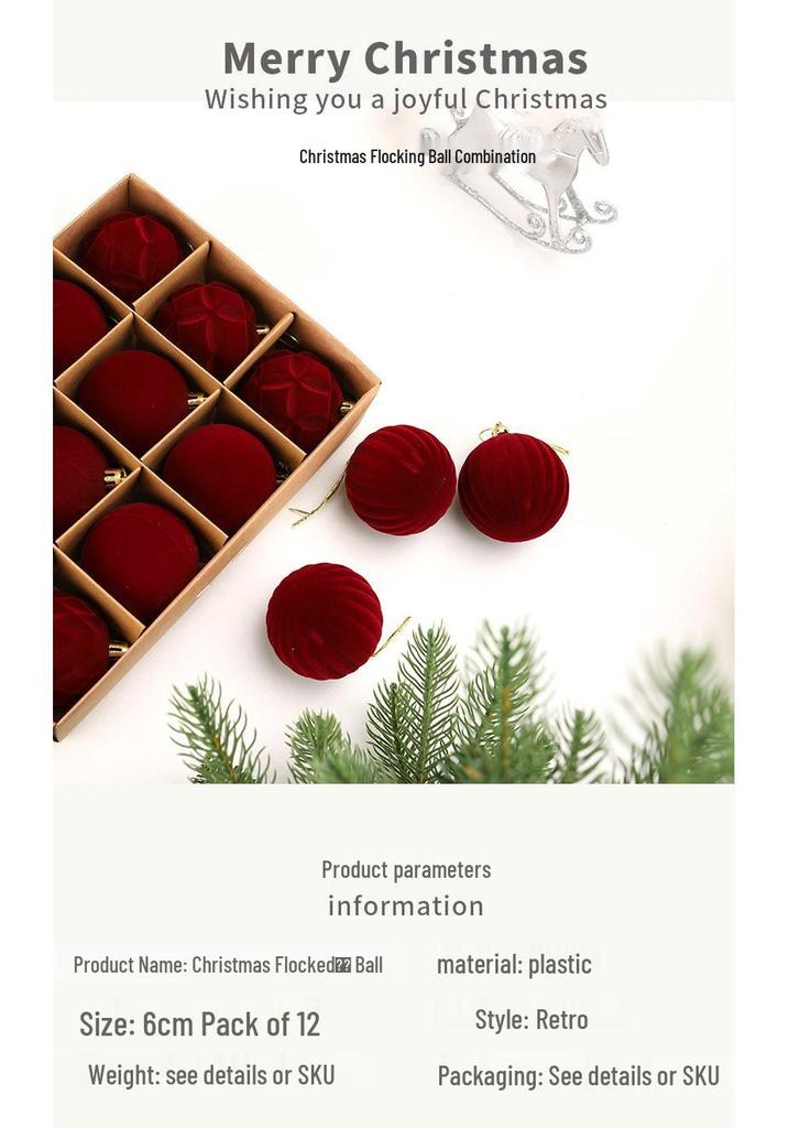 Christmas Flocked Velvet Balls, 6cm, 12-Piece Set - Irregular Plastic Tree Ornaments