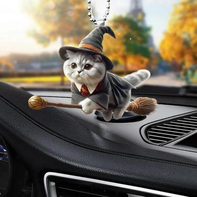 1pc Flat Acrylic Car Hanging Pendant with Lanyard Easy To Hang Rearview Mirror Pendant Magic Flying Cat Car Interior Accessories