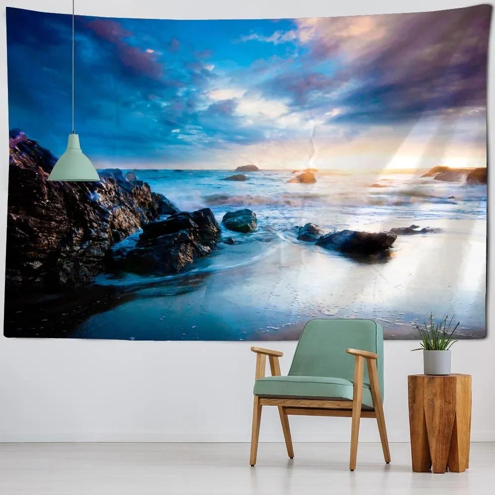Sea view tapestry printed hanging painting coconut tree sunrise home decoration yoga mat bed sheet living room wall hanging