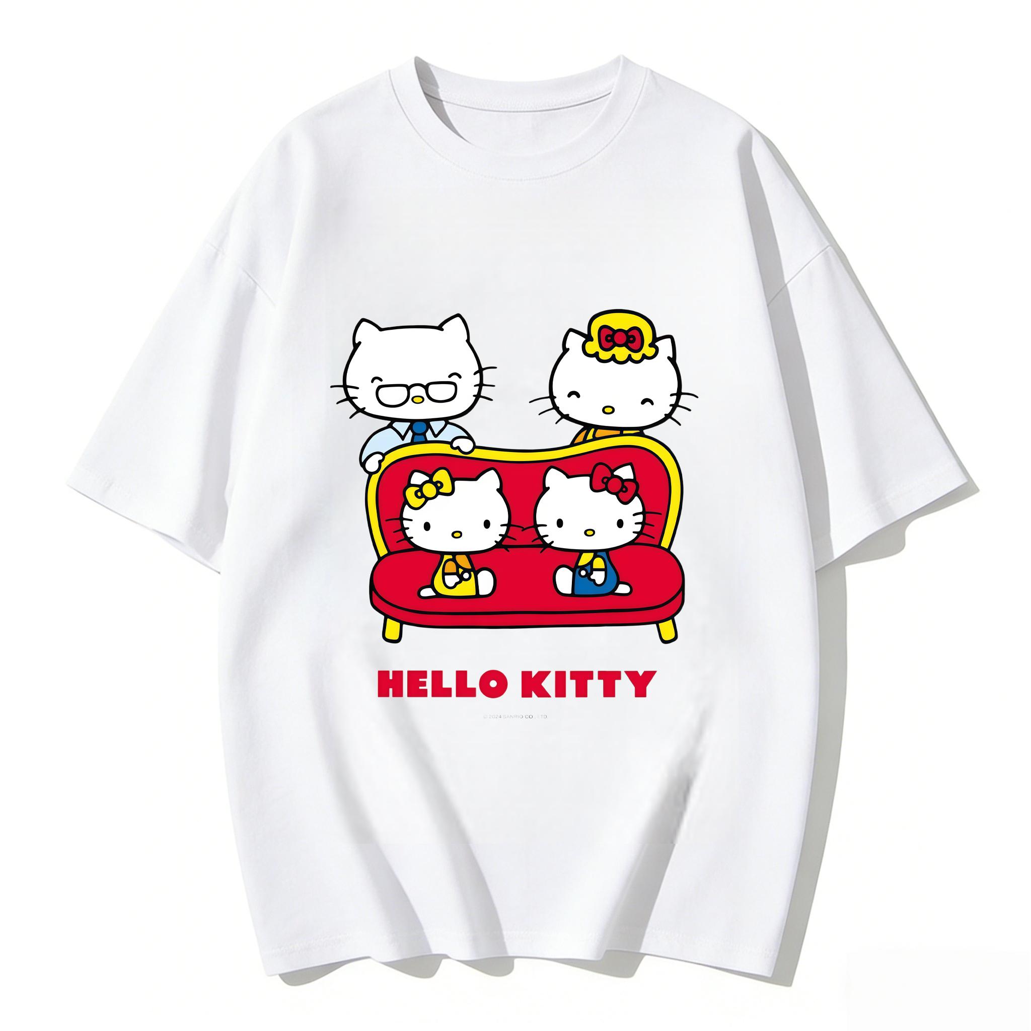 

2026 Summer Hello Kitty Cartoon Printed Short Sleeve Pure Cotton Tshirts Womens Family Matching Outfits Classic Versatile Tee S