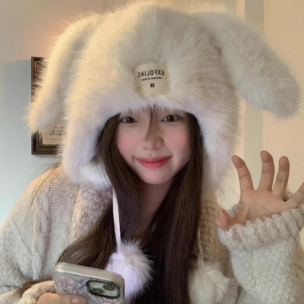 Winter plush cold-proof and warm pullover hat, new casual versatile long-eared cute hairball, sweet and comfortable ear protection hat
