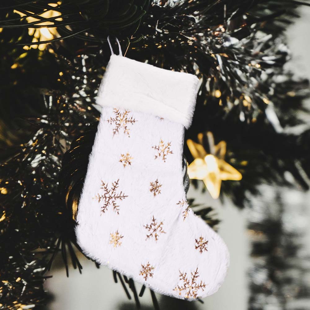 Snowflake Embroidery White Christmas Stocking Sequined Santa Gift Pocket  New Year