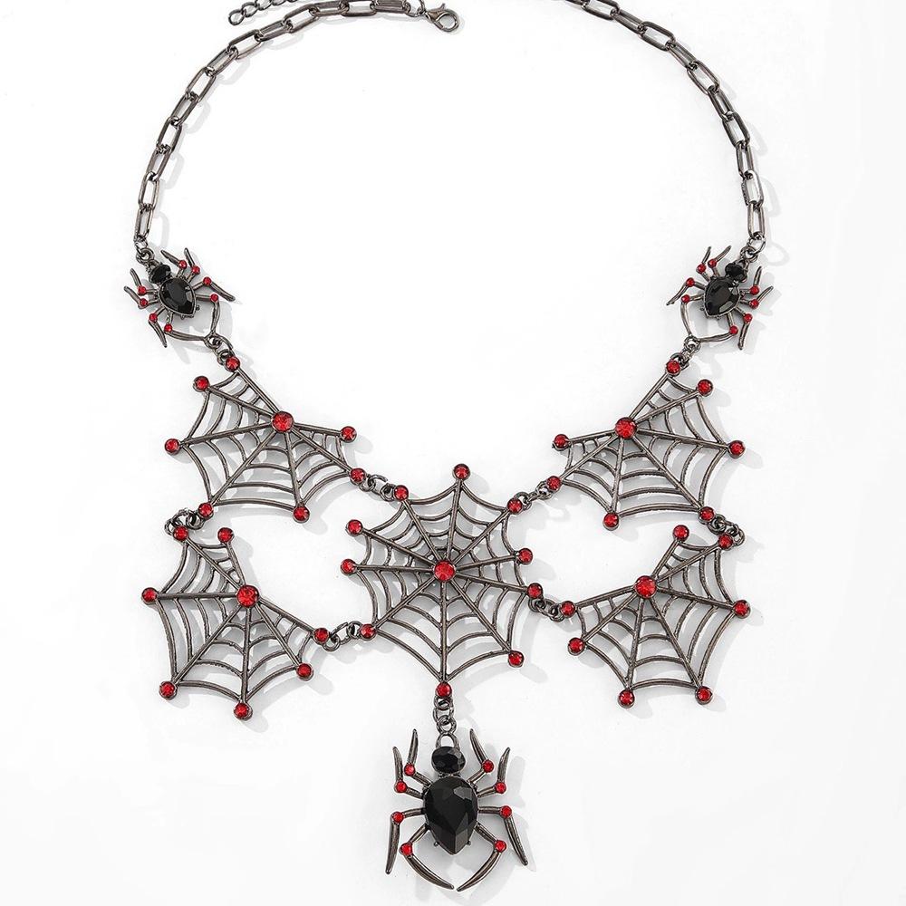 Halloween Jewelry Punk Hollow Inlaid Rhinestone Spider Web Necklace for Women Party Accessories