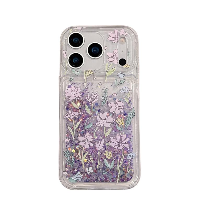 

Grass Flowers Glitter Quicksand Case for iPhone 15 16 17 Pro Max Luminous Purple Moving Sand Glossy Liquid Cover Phone Fundas iPhone 15