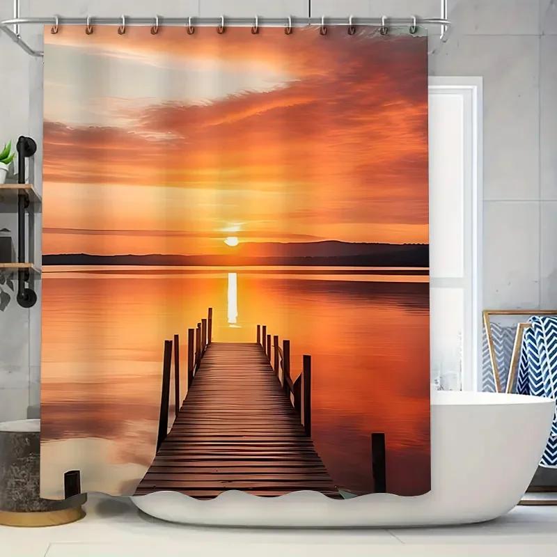 Sunset Lake View Shower Curtain Nature Scene Decor for Bathroom Waterproof and Durable Design Suitable for Wet and DrySeparation