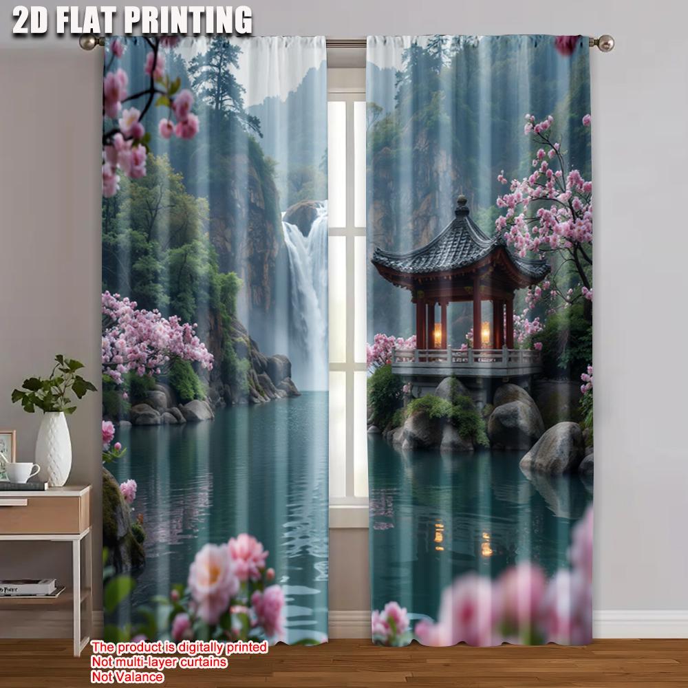 

Flat Printing Curtain Landscape Waterfall Asian Garden Scenery Versatile Polyester Fabric Without Electricity Family Curtains Set Of 2 Made W100*H70(CM)-Rod Pocket&2PCS