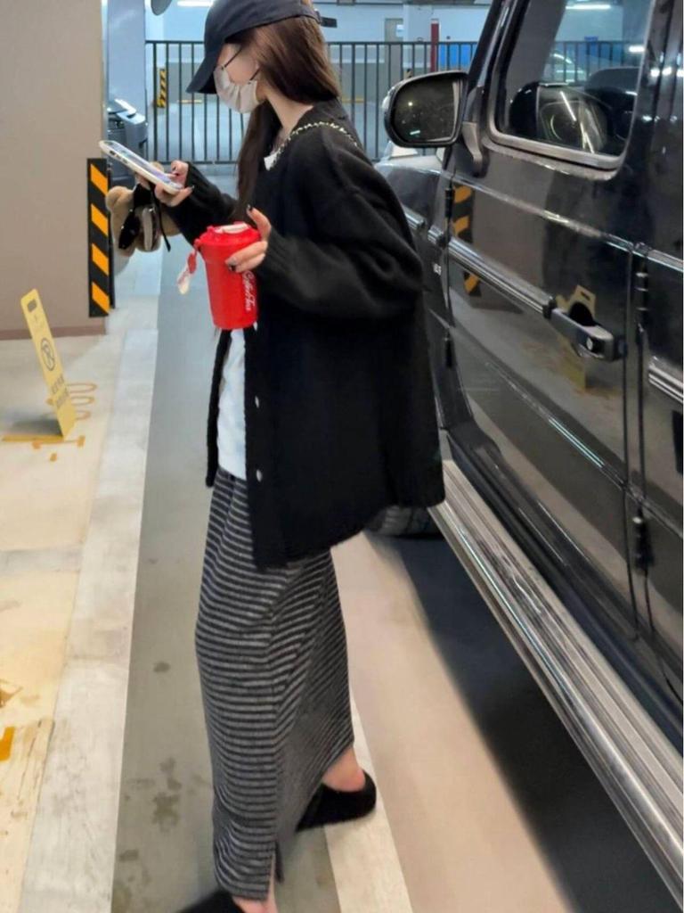 Winter Women's Cozy Korean Long Skirt with Fleece, Striped Color Block, and Comfortable H-Shape Design
