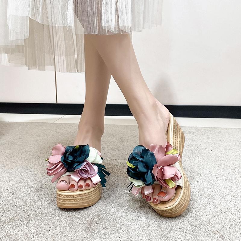 Mode Aphixta Rosa Blau Neue 9cm Hohe Keilabsätze Applikationen Blumen Plateau Pantoletten Damen Sommer Draußenschuhe