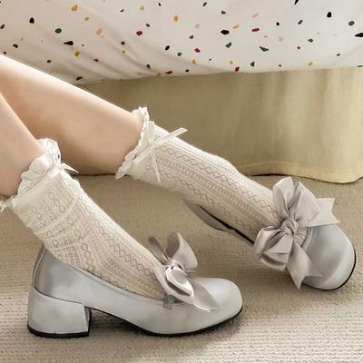 Silk Round Toe Women Mary Janes Shoes Pums Low Heels Pumps Wedding Dress Shoes Bow-knot Cute Sweet Women Shoes
