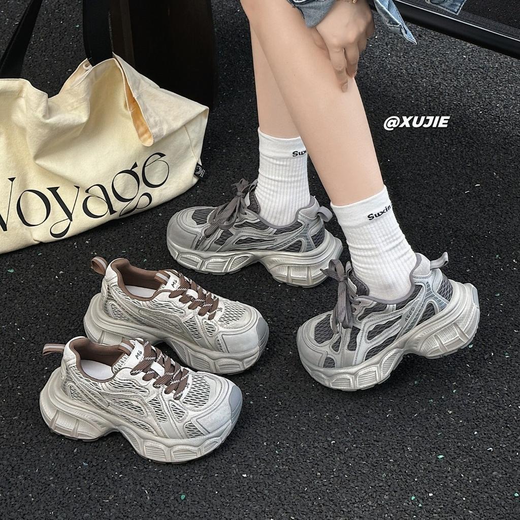 Leather platform dad shoes women's 2025 autumn new European station mesh breathable versatile sports shoes women's shoes