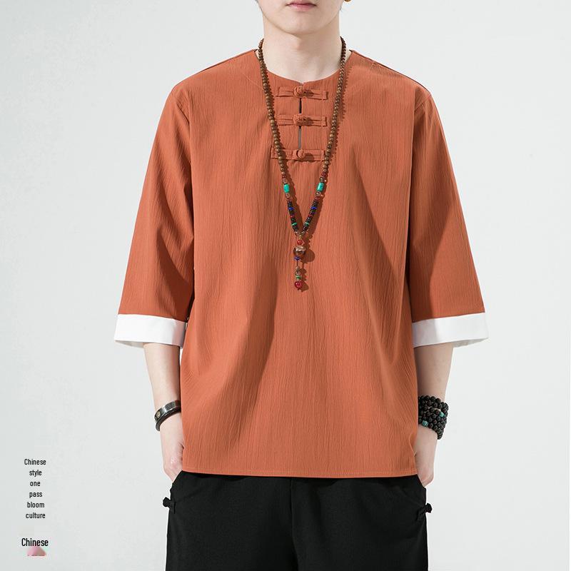 Men's Retro Plus Size Cotton Linen Hanfu T-shirt with Frog Button, Three-Quarter Sleeves