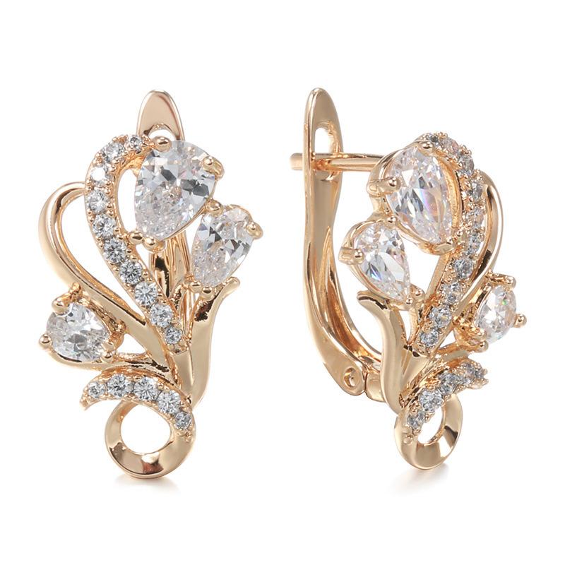 1 Pair of Fashionable Gold Color Flower Droplet Shaped Inlaid Zircon Earrings, Women s Luxurious Sparkling Zircon Accessories