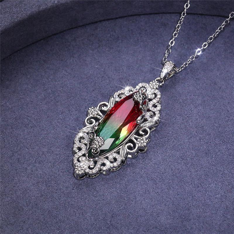 Silver Plated Marquise Cut Multicolor CZ Pendant Necklace, Ornate Floral Halo Cable Chain Necklace for Women