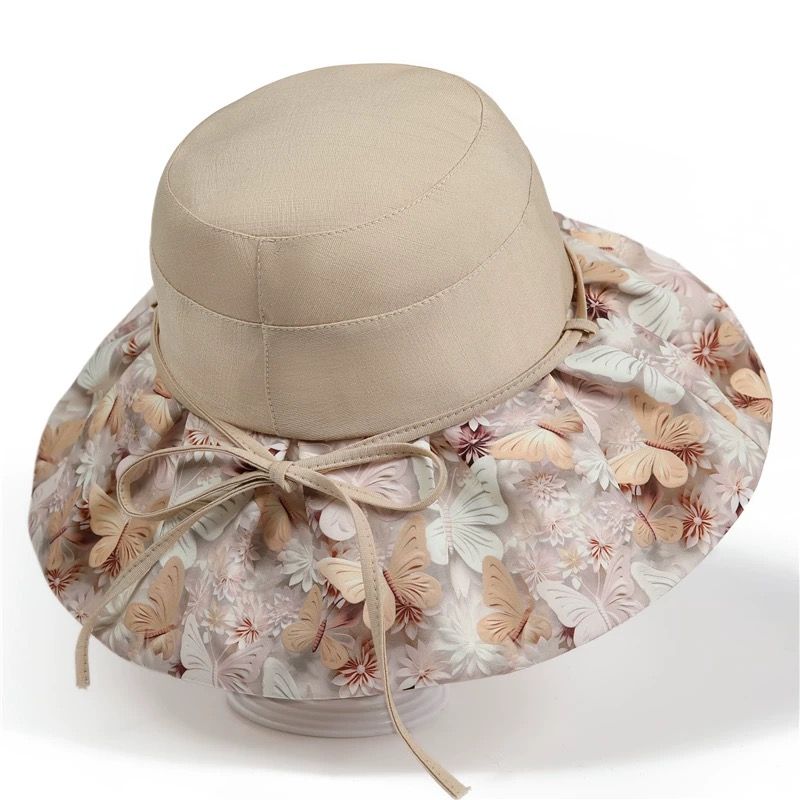 Summer Travel Big Brimmed Fisherman Hat, Women's Printed Bow Sun Hat Face Covering Beach Hat Sun Hat UV Protection
