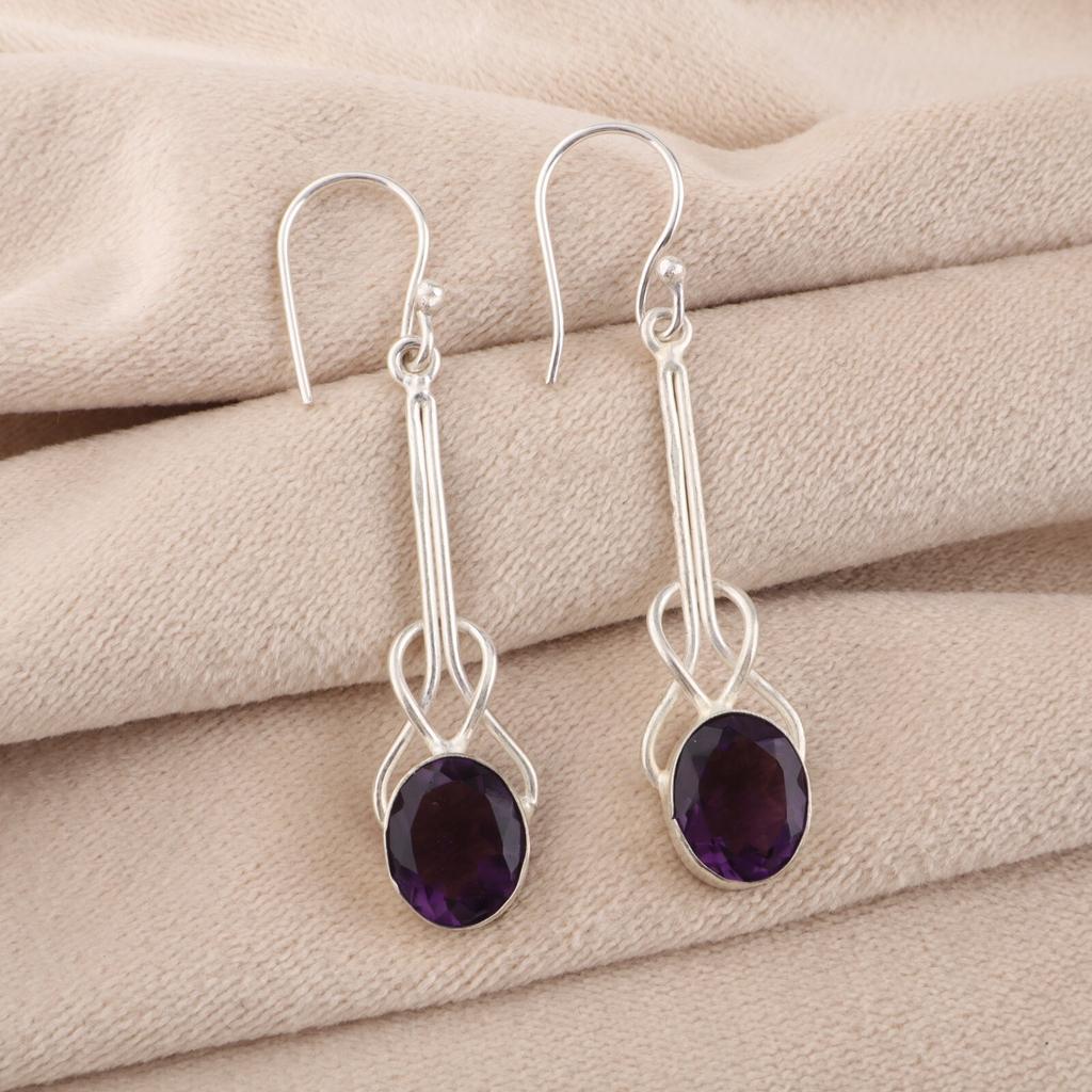 Amethyst Gemstone 925 Sterling Silver Jewelry Handmade Drop/Dangle Earrings1.76" EE-171-7