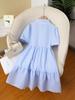 Girls Blue Striped Seersucker Dress, Short Sleeve Plaid Princess A-Line Sundress with Lace Bow for Kids 4-12 Years