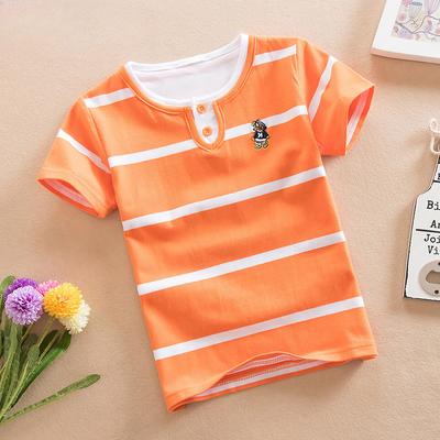 Children's Summer Children's Clothing Pure Cotton T-Shirt Double Neck Round Neck Short Sleeve Striped