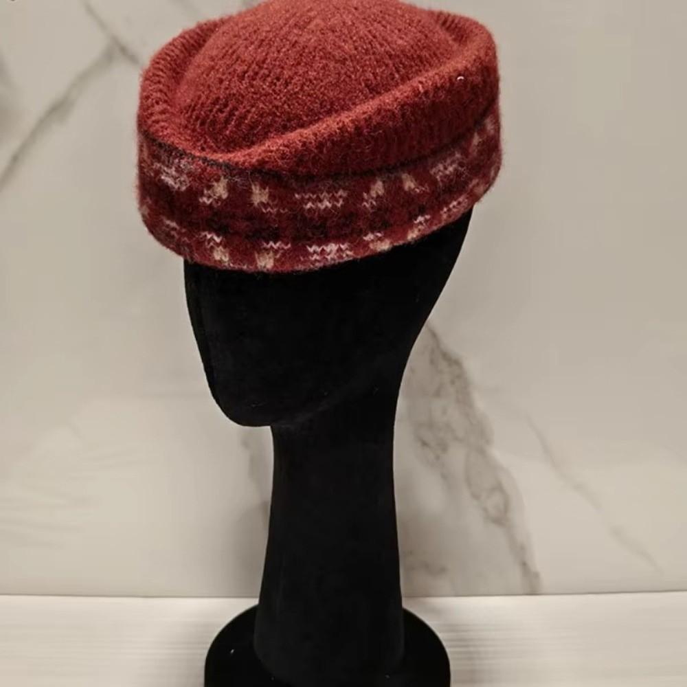 Fair Isle Pattern Stewardess Beret Hat Faux Fur Trim Teardrop Hat New Pillbox Hat For Women