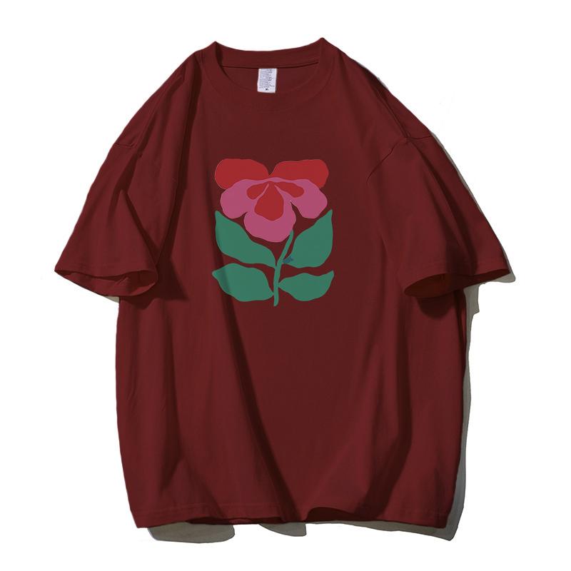

Женская футболка Shellsuning с красивым цветочным принтом, летние объемные повседневные футболки с круглым вырезом, простые универсальные футболки для девочек, базовые топы для пар в стиле Харадзюку 3XL вино красного