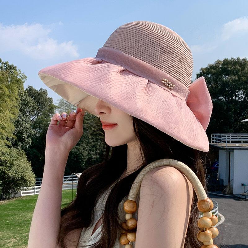Hepburn style organza bow straw hat women's beach hat French retro big-brimmed bucket hat foldable sun hat