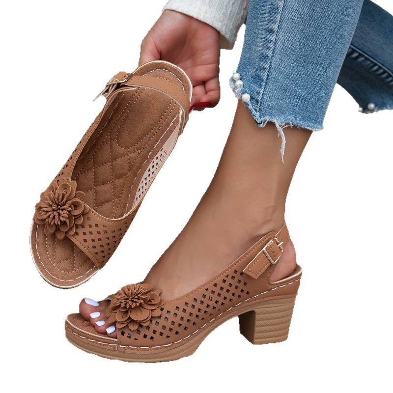 New Summer Women's Floral High Heel Sandals Buckle-Strap Slides