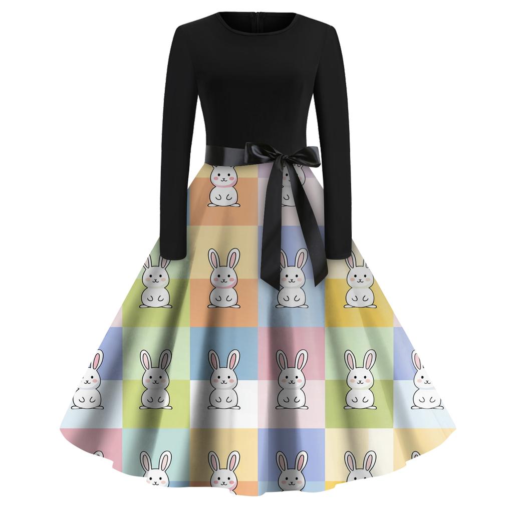 Women's Fashion Round Neck Casual Slim-fit Easter Printed Large Swing Long Sleeve Dress