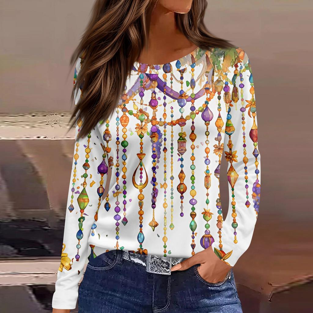 Damenmode Lässig Schlitzsaum Rundhals Langarm Locker Bedrucktes T-Shirt Top