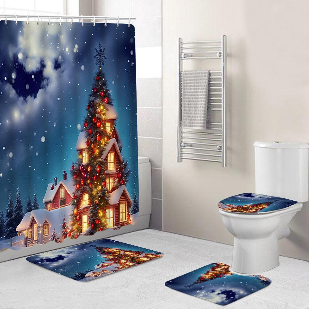 Christmas Toilet Cover Shower Curtain Floor Mat Set Santa Carpet Door Mat Foot Mat Non-Slip Mat
