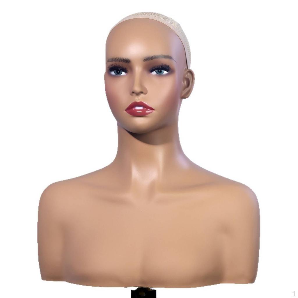 PVC Mannequin Bust Skin Toned Head with Shoulders Smooth Hairpiece for Photo Shoots