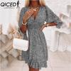 QICED Summer Floral Print Mini Dresses Women Vintage Sexy A-Line V-Neck Half Sleeve Party Dress Female Casual Elegant Beach Dress
