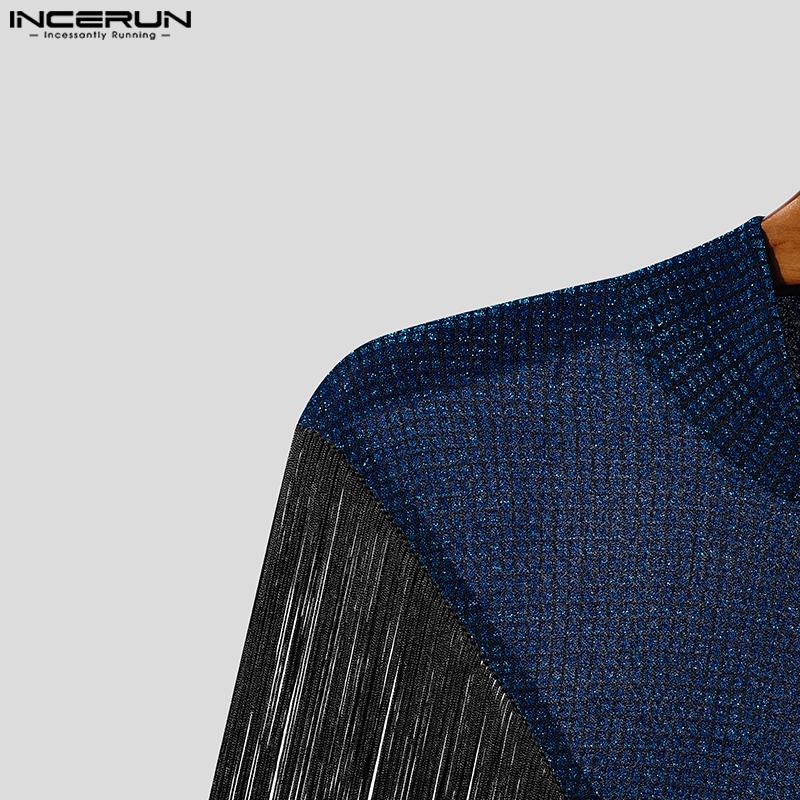 INCERUN Letnie Męskie Wysoki Kołnierz Błyszczące Kratka Frędzle Półprzezroczyste Peleryny Top